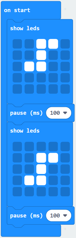 Code example-- on start, show leds, pause (ms) 100, show leds, pause (ms) 100
